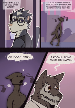 4_panel_comic anthro black_text bone clothed clothing dialogue duo eyebrows eyewear fur glasses male muscular muscular_anthro muscular_male orange_eyes purple_eyes round_glasses skull skull_head speech_bubble standing text king_slabu adrian_(king_slabu) nolan_(king_slabu) american_opossum canid canine canis domestic_dog mammal marsupial spirit virginia_opossum absurd_res comic digital_media_(artwork) english_text hi_res
