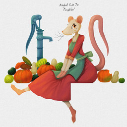5_toes anthro apron barefoot bottomwear claws clothed clothing feet female food fruit long_tail looking_at_viewer plant pump pumpkin simple_background skirt smile snout solo tail text toe_claws toes topwear vegetable whiskers gompami mammal mouse murid murine rat rodent 1:1 english_text hi_res