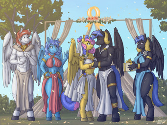 abs ankle_wraps anklet anthro back_wings barefoot black_body black_eyebrows black_feathers black_fur black_horn blonde_hair blue_body blue_clothing blue_eyes blue_feathers blue_fur blue_hair bracelet brown_eyes clapping clothed clothing countershade_tail countershading detailed_background eyebrows eyelashes eyes_closed feathers feet female fur gift green_eyes group hair half-closed_eyes hand_holding hand_on_hip highlights_(coloring) holding_gift holding_object hooves horn horse_tail jewelry logo looking_at_another looking_at_object male monotone_body muscular narrowed_eyes navel one_eye_obstructed orange_hair outside pecs pink_hair plant purple_hair raised_hand red_clothing royalty smile standing tail tan_clothing topless tree unguligrade wedding white_body white_clothing white_feathers white_fur white_highlights wings yellow_body yellow_feathers yellow_fur yellow_horn jayheartwing hasbro my_little_pony mythology fan_character equid equine horse mammal mythological_creature mythological_equine pegasus pony unicorn 2021 4:3 artist_logo shaded signature