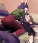 anthro bed claws duo eyes_closed furniture imminent_kiss looking_at_another looking_at_partner lying male male/male on_back on_bed open_mouth pinned_to_bed tail tail_tuft tongue tuft kehushka canid canine canis mammal sergal wolf hi_res