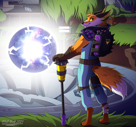 anthro backpack belt clothed clothing detailed_background dirt fully_clothed fur furgonomics glistening glistening_eyes grass looking_back male orange_body orange_fur orb outside plant red_eyes smile solo spiked_clothing spikes tree white_body white_fur yellow_sclera leo-wolf epic_games fortnite fennix_(fortnite) canid canine fox mammal red_fox true_fox 2021 digital_media_(artwork)