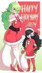 bag big_breasts black_hair breasts clothing costume duo female footwear green_hair hair high_heels holding_object holidays leggings legwear long_hair looking_at_viewer open_mouth orange_eyes red_clothing red_eyes santa_costume shoes smile standing text thick_thighs tongue saltyxodium christmas nintendo pokemon hornyvoir redditor_gardevoir gardevoir generation_3_pokemon humanoid pokemon_(species) 2024 english_text hi_res