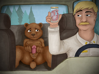 anthro anus blonde_facial_hair blonde_hair blonde_mustache brown_body brown_fur car castration clothing cock_and_ball_torture collared_shirt container dress_shirt eunuch exposed_testicle facial_hair fur genital_mutilation genital_torture genitals gore hair holding_object humanoid_genitalia humanoid_penis inside_car inside_vehicle jar light_body light_skin male male_anthro male_human moobs mustache mutilation narrowed_eyes nipples penis plant scut_tail shirt short_tail slightly_chubby slightly_chubby_male spread_legs spreading steering_wheel tail topwear tree vehicle alex_milky_01 brickleberry comedy_central malloy_(brickleberry) woody_johnson bear brown_bear human mammal ursine 4:3 hi_res young_(lore)