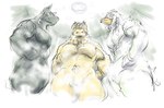 abs anthro beak biceps biped black_body black_fur feathers fur group male muscular muscular_anthro muscular_male muscular_thighs nipples nude pecs pubes tan_body tan_fur white_body white_feathers yellow_beak caffeinecanine anothereidos_of_dragon_vein_r jalam_(anothereidos_r) yabsakha_(anothereidos_r) zacharoff_(anothereidos_r) anubian_jackal avian canid canine canis jackal mammal wolf 2021 colored hi_res