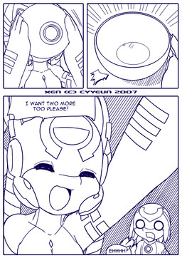 anthro bowl breasts collar container dialogue duo facial_markings female female_anthro forehead_markings head_markings holding_bowl holding_container holding_object male male_anthro markings o_o raised_arm requesting speech_bubble surprised text cyyeun xen_(series) izzy_(xen) switch_(xen) alien 2007 artist_name blue_and_white comic dated english_text monochrome