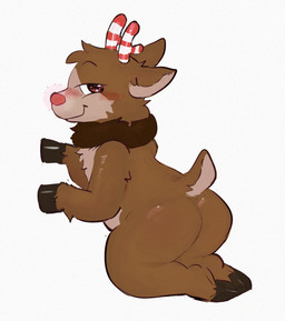 anthro bedroom_eyes blush brown_body brown_fur butt fur hooves kneeling male narrowed_eyes nude seductive simple_background smile smirk solo white_background freakpaws blushcrunch_studio dandy's_world roblox rudie_(dandy's_world) rudolph_the_red-nosed_reindeer deer mammal new_world_deer reindeer hi_res