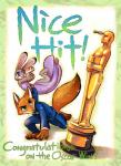 2017 action_pose ajie-g-sketchbook anthro award bare_shoulders barefoot black_tie_(suit) border bow_(feature) bow_tie buckteeth canid canine claws clothed clothing dart disney dress duo feet female fox fur green_eyes gun holding_gun holding_object holding_ranged_weapon holding_weapon judy_hopps lagomorph leporid long_ears male mammal nick_wilde open_mouth open_smile oscar_statuette pose purple_eyes rabbit ranged_weapon red_fox smile suit teeth text toe_claws true_fox weapon zootopia