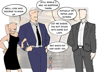 biped black_clothing blue_clothing bottomwear clothed clothing dialogue dress female grey_clothing group hand_in_pocket hands_on_hips male not_furry open_mouth pockets smile speech_bubble text topwear trio aabramsart human mammal english_text hi_res