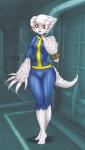 albino anthro anthrofied bandage barefoot biped breasts claws feet female hair horn non-mammal_breasts pip-boy red_eyes ribbons skintight_suit small_breasts solo vault_suit white_hair shia fallout microsoft deathclaw_desu_ga deathclaw monster scalie hi_res