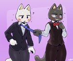 anthro biped black_body clothed clothing confusion drunk duo male pulling_tie pupils question_mark simple_background slit_pupils smile substance_intoxication white_body k1ko doko_demo_issho sony_corporation sony_interactive_entertainment kuro_(doko_demo_issho) toro_inoue domestic_cat felid feline felis mammal hi_res signature