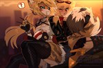anthro blonde_hair blush bottomwear bowl breasts clothed clothed_anthro clothed_female clothed_human clothing container duo eating female fully_clothed fully_clothed_anthro fully_clothed_female fully_clothed_human fur green_eyes hair holding_bowl holding_container holding_object inner_ear_fluff long_hair outside red_eyes sitting tail topwear tuft yellow_body yellow_fur yellow_tail skeleion mihoyo zenless_zone_zero burnice_white pulchra_fellini felid feline human mammal serval 2025 digital_media_(artwork)