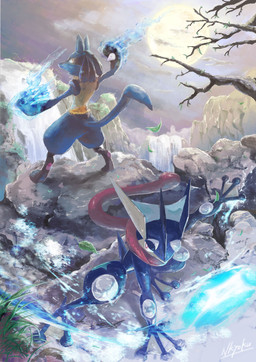 ambiguous_gender anthro black_body black_fur blue_body blue_fur branch cliff cloud crouching day detailed_background digitigrade duo falling_leaves feet fur grass high-angle_view high_place long_tongue looking_back membrane_(anatomy) nude outside plant pokemon_move standing sun toes tongue water water_shuriken waterfall webbed_feet webbed_hands yellow_body yellow_fur nkyoku nintendo pokemon canid canine generation_4_pokemon generation_6_pokemon greninja lucario mammal pokemon_(species) detailed digital_media_(artwork) digital_painting_(artwork) hi_res painting_(artwork)