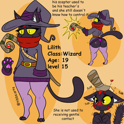 anthro black_body black_eyes blush butt clothing female hat headgear headpat headwear legwear magic_user scarf solo stockings tail text thong underwear wizard_hat wizard_robe tibbs domestic_cat felid feline felis mammal 1:1 english_text hi_res model_sheet