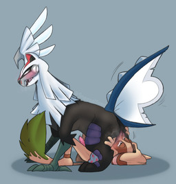 anthro anthro_on_feral bestiality cunnilingus dominant dominant_female duo erection facesitting female feral genitals looking_back looking_pleasured male male/female open_mouth oral penis sex simple_background sitting sitting_on_another submissive submissive_male vaginal sneaselsnee nintendo pokemon tracy_(linker) generation_2_pokemon generation_7_pokemon legendary_pokemon pokemon_(species) silvally smeargle hi_res