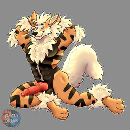 abs animal_genitalia animal_penis anthro balls blue_eyes canine_genitalia canine_penis flexing genitals grey_background knot knotted_penis male muscular nude pecs penis pose sheath simple_background smile solo tail vein veiny_balls yamatopawa nintendo pokemon arcanine generation_1_pokemon pokemon_(species) 1:1 2025 absurd_res hi_res