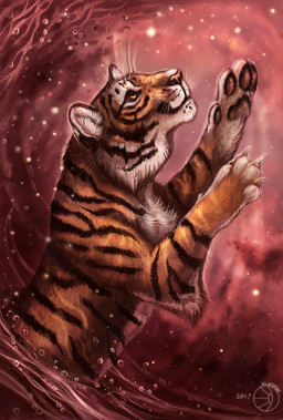 4_fingers abstract_art amber_eyes ambiguous_gender black_body black_fur black_lips black_stripes claws detailed_background detailed_fur feral fingerless_(marking) fingers fur inner_ear_fluff lips long_mouth looking_forward looking_up nude orange_body orange_fur pawpads pink_nose reaching retractable_claws shadow side_view sky smile snout solo star starry_sky striped_body striped_fur stripes tuft water water_drop whiskers white_body white_claws white_fur flashw felid mammal pantherine tiger 2017 detailed digital_media_(artwork) digital_painting_(artwork) half-length_portrait hi_res painting_(artwork) portrait red_theme