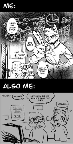 anthro beak biped clothed clothing dialogue duo eyewear glasses hair humor inside looking_at_another male open_mouth rectangular_glasses shirt short_hair short_tail speech_bubble standing tail text topwear wearing_glasses canisfidelis arta_shrike canis_(canisfidelis) avian bird canid canine canis domestic_dog mammal shiba_inu shrike spitz 2026 comic english_text monochrome