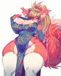 anthro big_breasts blue_eyes breasts cleavage clothed clothing curvy_figure female folding_fan fow hair huge_breasts legwear long_hair panties side-tie_panties solo stockings teasing thick_thighs thigh_highs underwear voluptuous wide_hips tanatlas canid canine fox mammal absurd_res hi_res