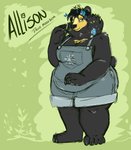 accessory anthro black_body black_claws black_fur black_nose blue_flower claws clothing female flower flower_in_hair fur green_eyes hair hair_accessory looking_at_viewer overalls overweight overweight_anthro overweight_female plant solo text danji-isthmus allison_(danji-isthmus) bear black_bear mammal moon_bear ursine digital_drawing_(artwork) digital_media_(artwork) english_text hi_res