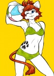 anthro ball beach_ball bikini biped blue_eyes clothed clothing felid female hair hi_res holding_ball holding_object inflatable lion mammal michiyoshi one_eye_closed orange_hair pantherine pool_toy pose short_hair simple_background skimpy solo standing swimwear tail two-piece_swimsuit yellow_background