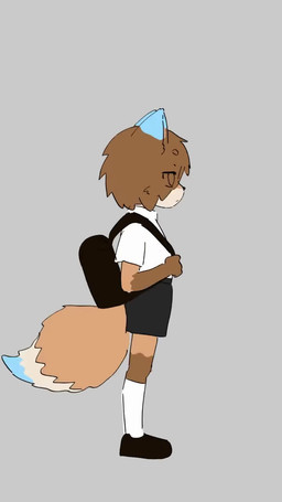 anthro backpack black_backpack black_bottomwear black_clothing black_footwear black_nose black_shoes black_shorts blue_body blue_ear_tips blue_fur blue_tail_tip bottomwear brown_body brown_ears brown_fur brown_hair cheek_tuft clothing collared_shirt dipstick_ears dipstick_tail ear_markings facial_tuft footwear frown fur hair heterochromia legwear male markings mitten_hands multicolored_ears orange_body orange_fur orange_tail purple_eyes school_uniform shirt shoes shorts socks solo spinning tail tail_markings topwear tuft turnaround uniform white_clothing white_collared_shirt white_footwear white_legwear white_socks white_topwear yellow_eyes young young_anthro young_male teien canid canine canis fox mammal 9:16 animated hi_res no_sound short_playtime video