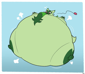 air_inflation ambiguous_gender anthro belly belly_expansion big_belly black_eyebrows black_mouth blue_background body_inflation border claws expansion eyebrows fangs floating green_body green_ears green_tail huge_belly hyper hyper_belly hyper_inflation immobile inflation motion_lines open_mouth pink_eyes pink_nose simple_background solo spherical_inflation swelling tail teeth three-quarter_view white_border worried boxibloon nintendo pokemon felid feline floragato generation_9_pokemon mammal pokemon_(species) 2025 colored digital_media_(artwork) flat_colors hi_res
