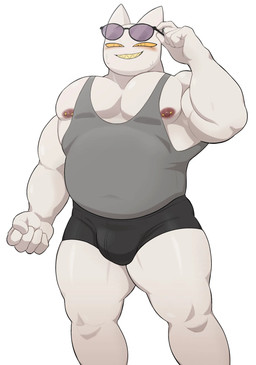 anthro big_muscles black_clothing black_underwear blush bodily_fluids bulge clothing eyewear grey_clothing grey_topwear male muscular muscular_anthro muscular_male nipple_piercing nipples noseless pecs piercing pointy_ears sharp_teeth shirt simple_background smile solo sunglasses sweat tank_top teeth topwear underwear white_background white_body white_skin yellow_eyes yellow_teeth oyasmis miya_(oyasmis) domestic_cat felid feline felis mammal hi_res