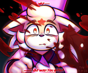 4_ears anthro blood blood_on_screen blood_splatter bodily_fluids clothing clothing_grab forehead_mark fur fur_markings hat head_tuft headgear headwear male markings multi_ear orange_eyes pink_clothing pink_hat pink_headwear pink_suit scared shocked solo suit suit_transformation text top_hat transformation tuft wide_eyed conditional_dnp tuvandalist mr._pompy's_extravagant_quiz mr._pompy unknown_species hi_res watermark