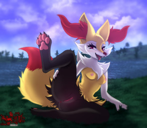 anthro anus black_body black_fur blush bodily_fluids breasts female fur genitals grass lake nipples pawpads paws plant presenting presenting_vulva red_eyes saliva sky small_breasts solo tongue tongue_out vulva white_body white_fur yellow_body yellow_fur astralia_(art) nintendo pokemon braixen canid canine generation_6_pokemon mammal pokemon_(species) hi_res watermark