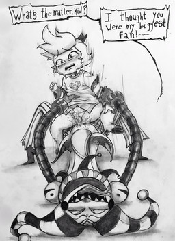 age_difference anal anal_penetration anthro bodily_fluids broken_horn clothing crying cum cum_in_ass cum_inside duo fool's_hat forced genital_fluids hat headgear headwear horn jester_outfit male male/male penetration penile penile_penetration penis_in_ass rape sex size_difference speech_bubble tears text tongue tongue_out young carpincho_kev hellaverse helluva_boss fizzarolli_(helluva_boss) oliver_(helluva_boss) demon imp absurd_res black_and_white english_text hi_res monochrome traditional_media_(artwork)