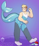 andromorph anthro biped blonde_hair blue_body blush bottomwear brown_hair clothed clothing ear_piercing fingers fish_tail footwear gender_transformation genitals glistening glistening_body goo_transformation hair human_to_anthro intersex logo looking_at_own_tail looking_back_at_self mid_transformation mtf_transformation pants piercing pokeball pokemorph pussy shirt simple_background socks solo species_transformation standard_pokeball standing step_pose tail topwear transformation undershirt nut-case nintendo pokemon eeveelution generation_1_pokemon human mammal pokemon_(species) vaporeon 2019 artist_logo colored hi_res