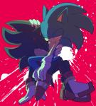 anthro black_body black_fur blue_body blue_fur clothing duo footwear fur gloves green_eyes hand_on_head handwear looking_at_another male male/male on_lap pink_background red_body red_eyes red_fur shoes simple_background smile sikai sega sonic_the_hedgehog_(series) shadow_the_hedgehog sonic_the_hedgehog eulipotyphlan hedgehog mammal