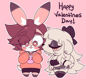 accessory anthro black_clothing black_topwear blush blush_lines blush_stickers bottomwear bow_ribbon brown_eyes brown_hair chibi clothing duo ear_piercing eyelashes eyes_closed eyeshadow facial_piercing female freckled_face freckles fur hair hair_accessory hair_bow hair_ribbon heart_symbol holidays hoodie kissing_cheek legwear long_eyelashes makeup male male/female nose_piercing nose_ring orange_clothing orange_hoodie orange_topwear piercing pink_background ribbons ring_piercing shorts simple_background thigh_highs topwear white_body white_fur white_hair vetarix kirby_(series) nintendo valentine's_day kirby lily_(vetarix) mush_(themushlord) canid canine canis domestic_dog lagomorph leporid mammal rabbit hi_res