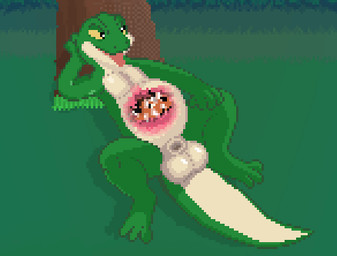 animal_genitalia balls belly big_balls breathing digestive_fluids feral genitals internal lying male on_back organs sheath solo stomach tongue tongue_out vore vorochi canid canine fox gecko lizard mammal reptile scalie animated digital_media_(artwork) low_res pixel_(artwork)