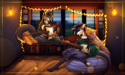 anthro bass_guitar breasts duo facial_piercing female female/female furgonomic_piercing furgonomics guitar musical_instrument muzzle_piercing nose_piercing piercing plucked_string_instrument pose string_instrument catherinemeow ami_kelvey_(charityzero) canid canine canis kangaroo macropod mammal marsupial wolf hi_res pinup