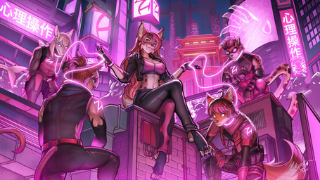 anthro black_bottomwear black_clothing black_pants bottomwear bra breasts brown_body brown_fur brown_hair city clothed clothed_anthro clothed_female clothed_male clothing collar crossed_legs detailed_background ear_piercing ear_ring eyewear fangs female fin footwear fur gloves glowing glowing_eyes goggles group hair handwear hypnosis jacket leash leashed_collar leather leather_clothing leather_jacket leather_topwear looking_at_viewer male markings mind_control multicolored_hair orange_body orange_fur pants piercing pink_bra pink_clothing pink_eyes pink_hair pink_sports_bra pink_underwear ring_piercing sabertooth_(anatomy) socks sports_bra spots spotted_body spotted_fur stirrup_socks supervillain tail tail_fin teeth topwear two_tone_hair underwear white_body white_hair yellow_body yellow_fur yumibaker ash_(ashkelling) harley_ortiz kiyn_(kiynatonis) stormwave_(character) zaide_(ashkelling) canid canine felid feline fish fox leopard lynx mammal marine pantherine shark 2025 hi_res