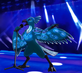 4_toes anisodactyl anthro beak black_beak black_body black_skin blue_body blue_feathers chest_tuft claws electronics eyes_closed feathered_crest feathered_wings feathers feet female glowing glowing_markings head_crest holding_microphone holding_object markings microphone nude on_stage open_beak open_mouth singing solo stage_lights stage_show standing tail tail_feathers toes tongue tuft winged_arms wings novarraveditoa the_nature_of_predators fan_character alien avian krakotl_(the_nature_of_predators) absurd_res hi_res