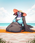 anthro beach_towel beak big_breasts bikini black_body black_feathers blue_sky breasts clothing feathers female grass hat headgear headwear navel overweight overweight_anthro overweight_female plant relaxing sand sky smile solo sun_hat sunny swimwear tail tail_feathers thick_thighs towel two-piece_swimsuit tenynn avian bird toucan hi_res