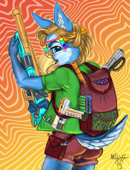 anthro backpack beak biped blue_body blue_eyes blue_fur bottomwear clothed clothing eyebrows eyewear fur goggles goggles_on_face green_clothing green_shirt green_topwear hair holding_object holding_toy holding_toy_gun inner_ear_fluff looking_at_viewer looking_back looking_back_at_viewer male red_bottomwear red_clothing red_shorts safety_goggles shirt short_hair shorts solo standing topwear toy toy_gun tuft white_inner_ear_fluff yellow_beak young young_anthro young_male mushbun mythology borisigor avian gryphon mythological_avian mythological_creature 2026 hi_res