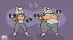 abs angry anthro bottomwear clothing ear_piercing ear_ring exercise expansion eyewear female fur grey_body grey_fur hooves horn hyper muscular obese overweight pants piercing ring_piercing shirt slim solo sunglasses sweatpants tan_body tan_fur tank_top topwear weight_gain workout thefoxsista maggie_(nibblyknuckles) bovid caprine goat mammal 16:9 hi_res sequence widescreen