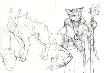 ambiguous_anthro ambiguous_feral ambiguous_gender anthro clothed clothing feral front_view holding_object holding_staff hooves horn jewelry mouth_closed necklace quadruped simple_background solo staff akatan_art felid mammal species_request hi_res monochrome multiple_images