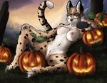 anthro breasts female food fruit fur genitals holidays jack-o'-lantern leaf looking_at_viewer markings nipples nude outside plant pumpkin pussy smile solo spots spotted_body spotted_fur spread_legs spreading tan_body tan_fur white_body white_fur vizelius halloween rivka_(sausysandwich) felid feline leptailurus_(genus) mammal serval absurd_res hi_res