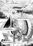 anjanath black_and_white blacksaw brute_wyvern capcom chinese_text comic disney dragon duo elder_dragon feathered_wings feathers feral forest frozen_(disney) hi_res male monochrome monster_hunter mythological_creature mythological_scalie mythology parody plant scales scalie tail text translated tree velkhana wings