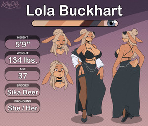 5_fingers accessory anthro big_breasts biped blonde_hair blue_eyes breasts choker clothing color_swatch dress emanata female fingers flower flower_in_hair footwear front_view fur hair hair_accessory hair_bun hand_on_hip high_heels jacket jewelry legwear long_hair multiple_angles multiple_expressions narrowed_eyes navel necklace plant rear_view scut_tail shoes short_tail slit_dress solo stockings tail tan_body tan_fur text topwear kittydee lola_buckhart cervine deer mammal sika_deer 2025 artist_name bust_portrait character_name dated english_text full-length_portrait model_sheet portrait