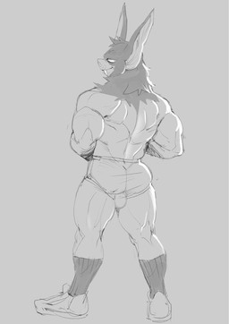 athletic bat_ears biceps bulge butt clothing dark_body dark_fur fangs footwear for_a_head fur jockstrap looking_at_viewer male mane muscular rear_view shoes smile sneakers socks solo teeth underwear white_eyes concosive dispatch sonar_(dispatch) animal_head animal_humanoid bat humanoid mammal 2025 hi_res monochrome sketch