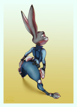 anthro belt border butt clothing ears_up female gradient_background hand_on_butt knee_pads looking_at_viewer looking_back police police_uniform rear_view simple_background solo tail uniform white_border g0ni25 disney zootopia judy_hopps european_rabbit lagomorph leporid mammal oryctolagus rabbit 2025 absurd_res hi_res shaded signature