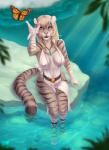 2016 4_toes 5_fingers anthro biped black_lips breasts clothed clothing day detailed_background digital_media_(artwork) eyelashes feet felid female fingers fur hair hi_res lips mammal nipple_outline open_mouth outside pantherine partially_submerged pink_nose shaded sitting smile solo striped_body striped_fur stripes teeth tiger toes water white_hair wyla