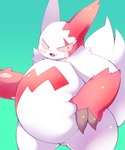 anthro belly blush claws fur male overweight overweight_male pinch pinching_belly pink_eyes smile solo white_body white_fur cosith nintendo pokemon generation_3_pokemon pokemon_(species) zangoose 5:6 hi_res