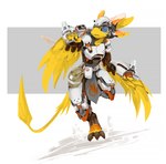 3_toes 4_ears 4_fingers ambiguous_anthro ambiguous_gender anthro armor arms_bent avalon_(avali_homeworld) bent_leg biped brown_eyes clothed clothed_ambiguous clothed_anthro clothing digitigrade emblem feathers feet fingers front_view fully_clothed fully_clothed_ambiguous fully_clothed_anthro futuristic_armor geometric_background gun head_turned headgear helmet holding_gun holding_melee_weapon holding_object holding_ranged_weapon holding_sword holding_weapon melee_weapon monotone_body monotone_feathers mouth_closed multi_ear one_leg_up pouch_(clothing) raised_arm raised_leg ranged_weapon running scouter short_snout simple_background snout solo standing sword tail toes weapon winged_arms wings yellow_body yellow_feathers yellow_tail yellow_wings aidelank avali avian 2025 digital_media_(artwork) hi_res shaded