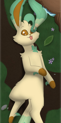 ambiguous_gender brown_body brown_eyes brown_fur dakimakura dirt evolutionary_stone fangs feral flower forest forest_background fungus fur grass green_body green_fur hair leaf leaf_hair leaf_stone leaf_tail looking_at_viewer lying moss mushroom nature nature_background on_back plant plant_hair pseudo_hair rock smile solo tail tan_body tan_fur teeth tongue tongue_out translucent translucent_hair tree tree_stump demon_ascended nintendo pokemon canid canine canis eeveelution fox generation_4_pokemon leafeon mammal pokemon_(species) 1:3 absurd_res colored dakimakura_design digital_drawing_(artwork) digital_media_(artwork) hi_res shaded signature